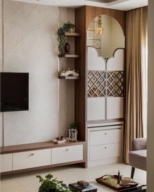 An arched pooja corner sits beside a low media console, framed by warm wood tones and a patterned screen.