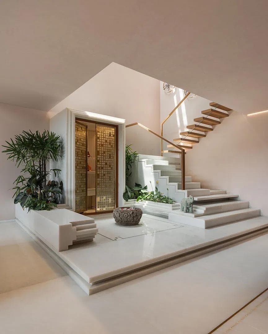 Visualisation of the staircase with an integrated puja room and planters