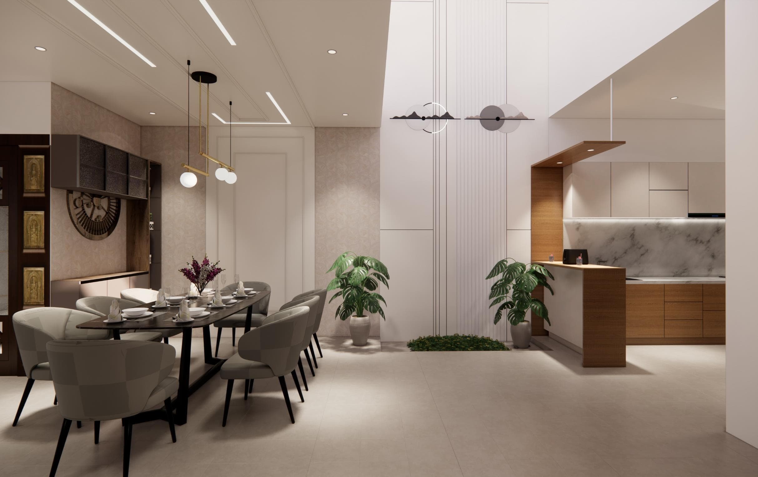 Visualisation of the kitchen and dining area with a contemporary open layout